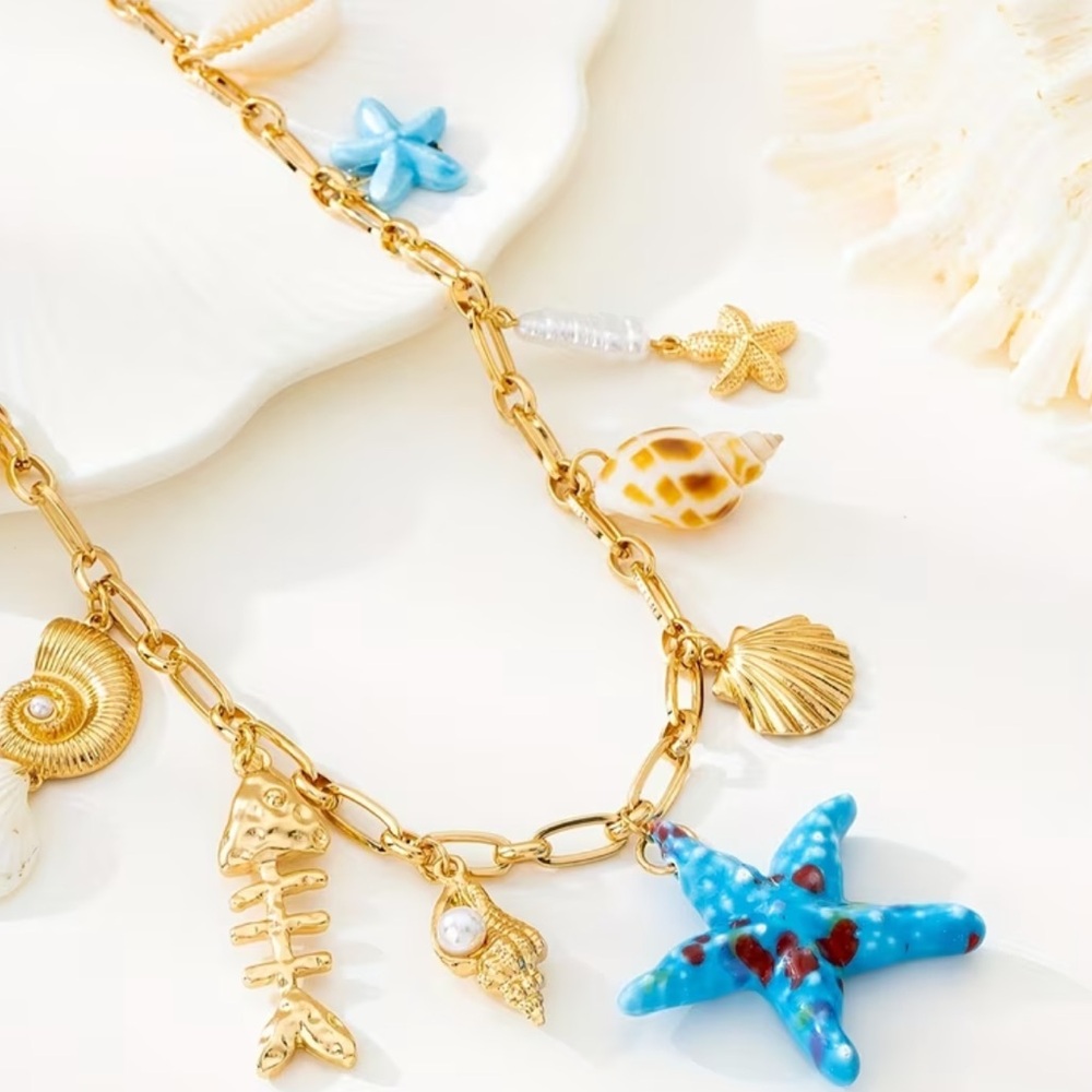 NEW Gold and Blue Nautical Sea Ocean Beach Gold Charm Pendant Necklace